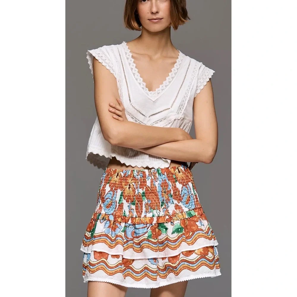 Farm Rio for Anthropologie Smocked Tiered Ruffle Mini Skirt Multi Floral Small
